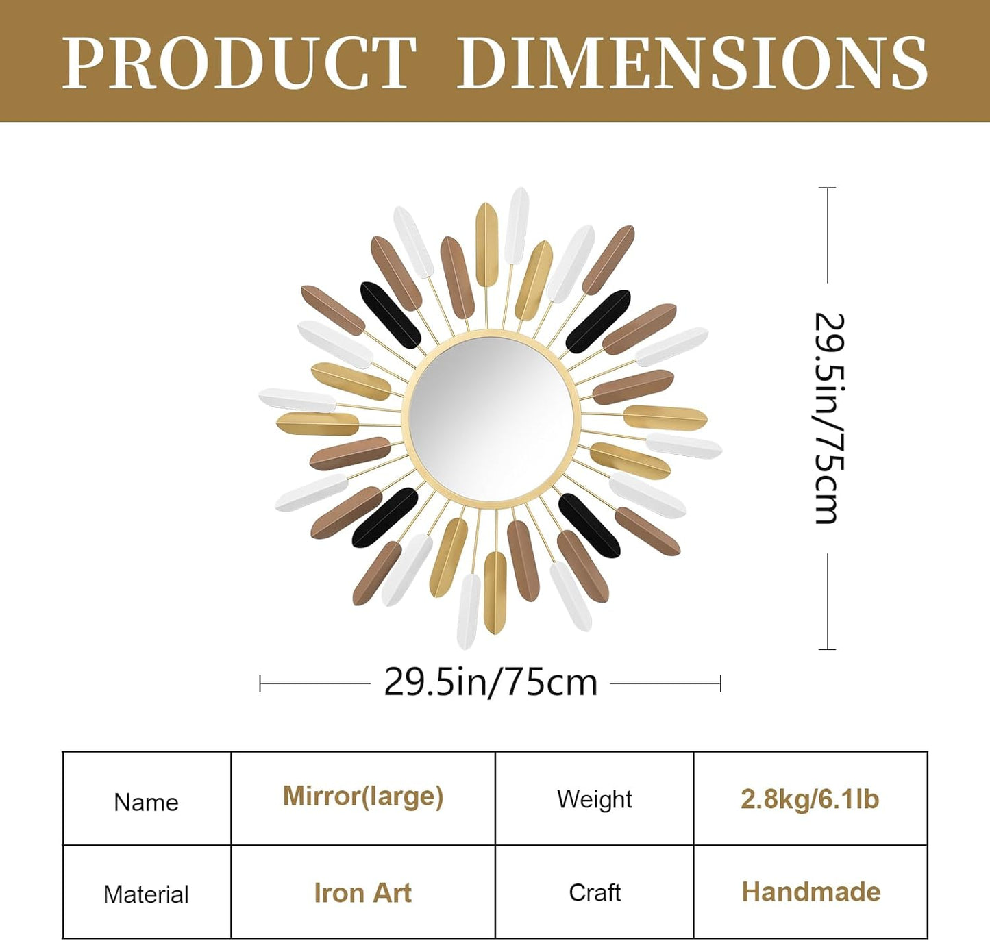 24" Gold Sunburst Decorative Wall Mirror – Handmade Flower Design, Luxury Round Accent Mirror Boho Wall Decor for Bedroom,Entryway, Dining Room & Kitchen