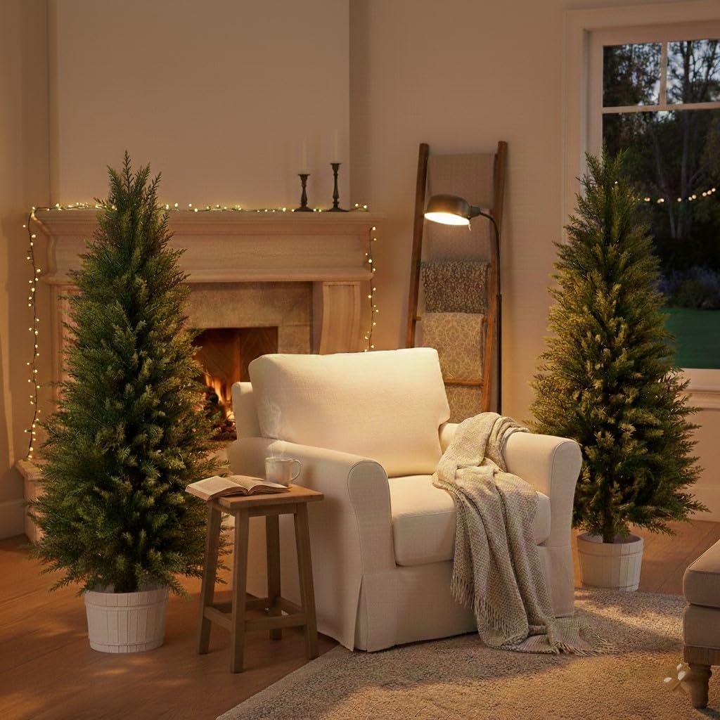 3FT Artificial Cedar Trees 2 Pack, UV Protected Fake Outdoor Evergreen Topiary Potted Plants, Lifelike Artificial Cypress Shrubs for Porch Patio Garden Home Office Decor