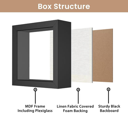 Califortree 8x8 Shadow Box Frame with Soft Linen Back - Push Pins Included, Memory Box Display Case for Flower, Tickets and 3D Items, Black
