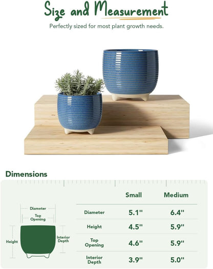 LE TAUCI Ceramic Plant Pots, 5.1 + 6.4 Inch Footed Pots for Plants, Modern Flower Pots for Home and Office, Indoor Planters with Drainage, Reactive Glaze White