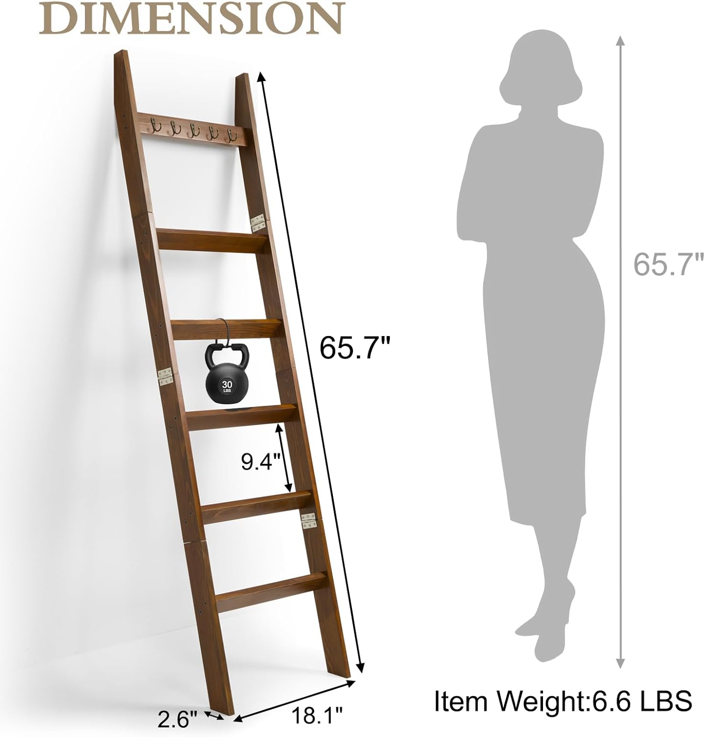 TEAKMAMA 6-Tier Blanket Ladder for Living Room and Bedroom,5.4 Ft Wall Leaning Quilt Rack with Hooks,Rustic Decorative Farmhouse Blanket Storage,Stylish Ladder Holder,Christmas Decorations,Black