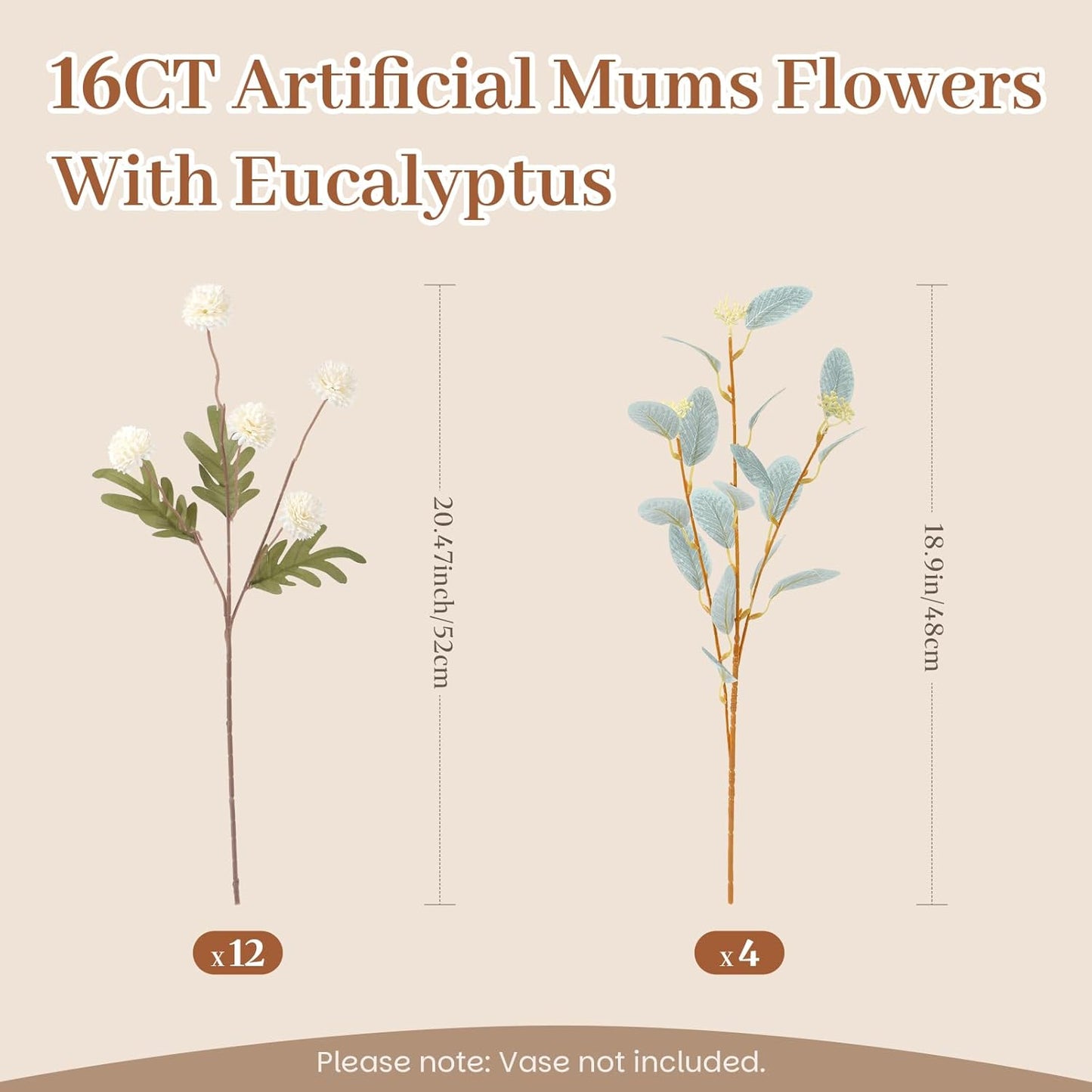 Alupssuc 16PCS Faux Silk Pompon Mums Artificial Flowers with Eucalyptus, Fake Chrysanthemum Floral for DIY Vase Arrangement, Long Stem Dining Table Centerpiece Home Decor, Beige