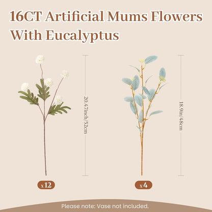 Alupssuc 16PCS Faux Silk Pompon Mums Artificial Flowers with Eucalyptus, Fake Chrysanthemum Floral for DIY Vase Arrangement, Long Stem Dining Table Centerpiece Home Decor, Beige