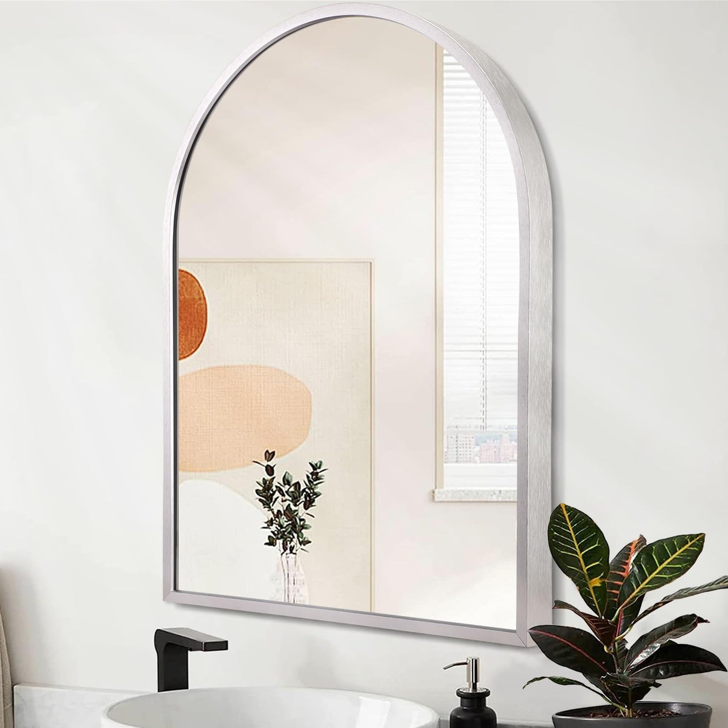 Black Arched Wall Mirror Aluminum Alloy Frame Bathroom Mirror Brushed Metal Vanity Wall Mounted Mirror for LivingRoom Bedroom Entryway Room Home Decor 16"x12"