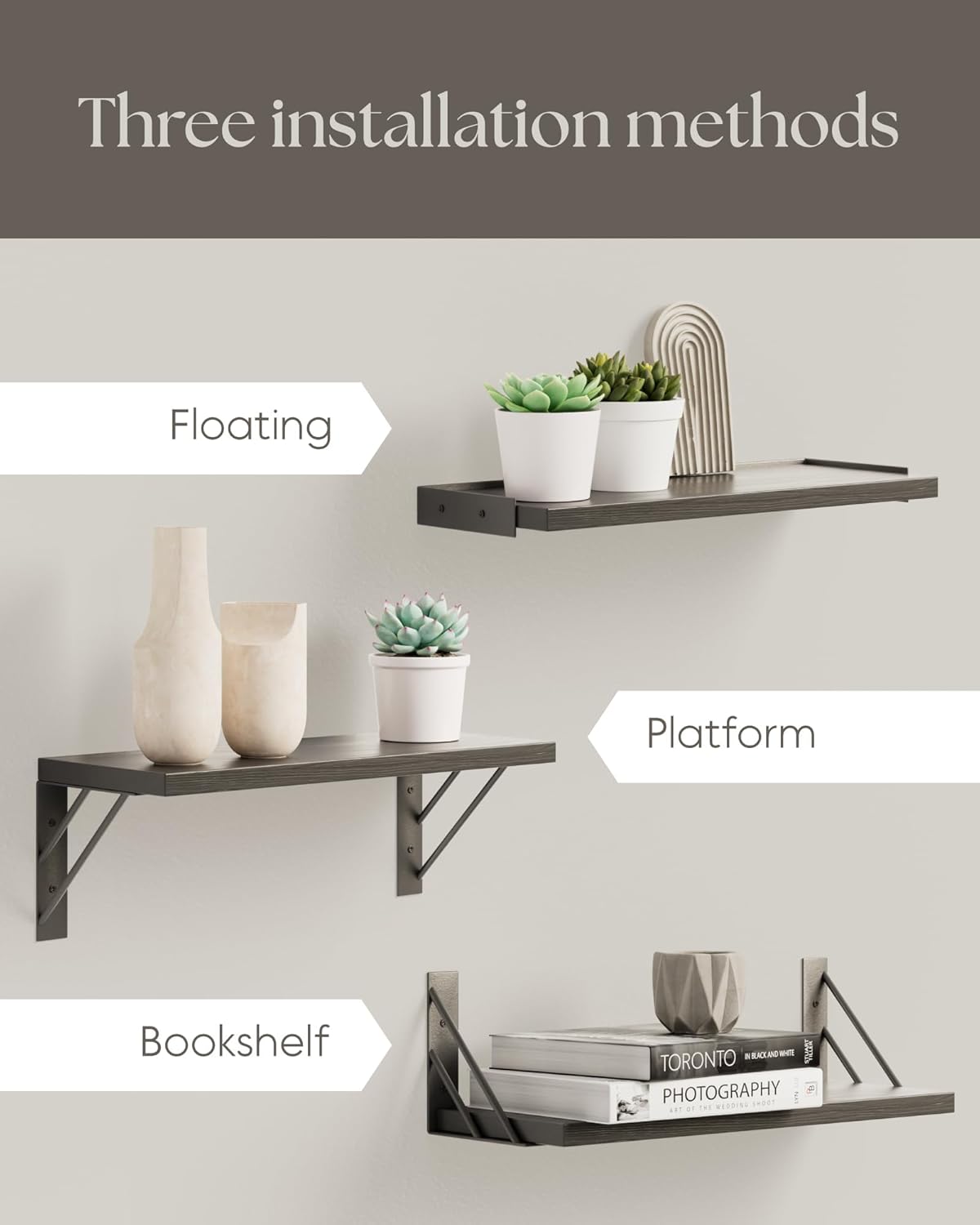 BAYKA Wall Mounted Floating Shelves, Wood Floating Wall Shelf for Books & Decor, Small Space-Saving Display & Organizer（Black，Set of 3）