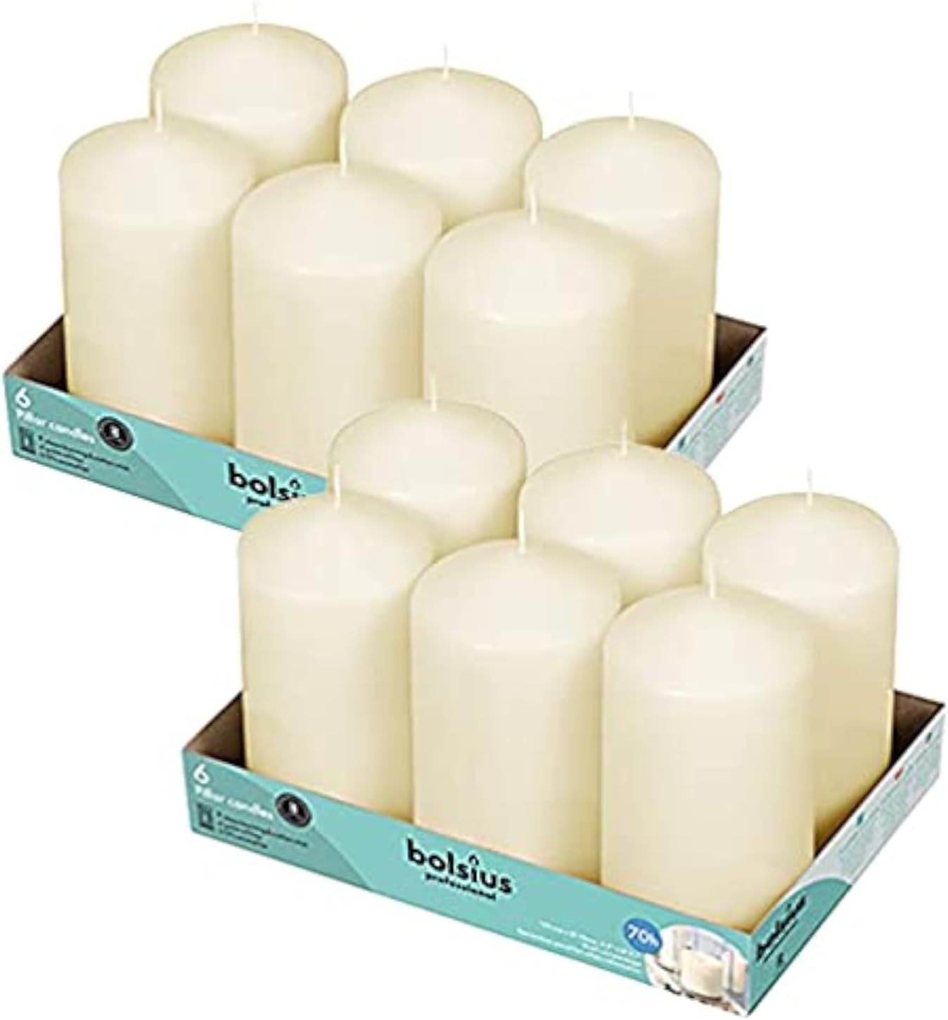 BOLSIUS 6 Ivory Pillar Candles Bulk - 3x4 Inches Candle Set - 40+ Hours Clean Burning - No Palm Oil - 0% Animal Fat - Premium European Quality - Unscented Dripless Restaurant Pillars