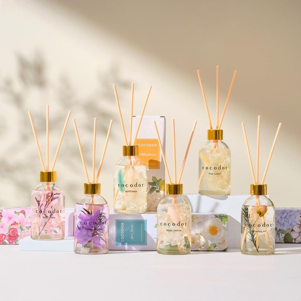 COCODOR Flower Reed Diffuser Set / 6.7oz / White Jasmine/Scent Diffuser with Sticks Home Fragrance Reed Diffuser for Bathroom Shelf Decor
