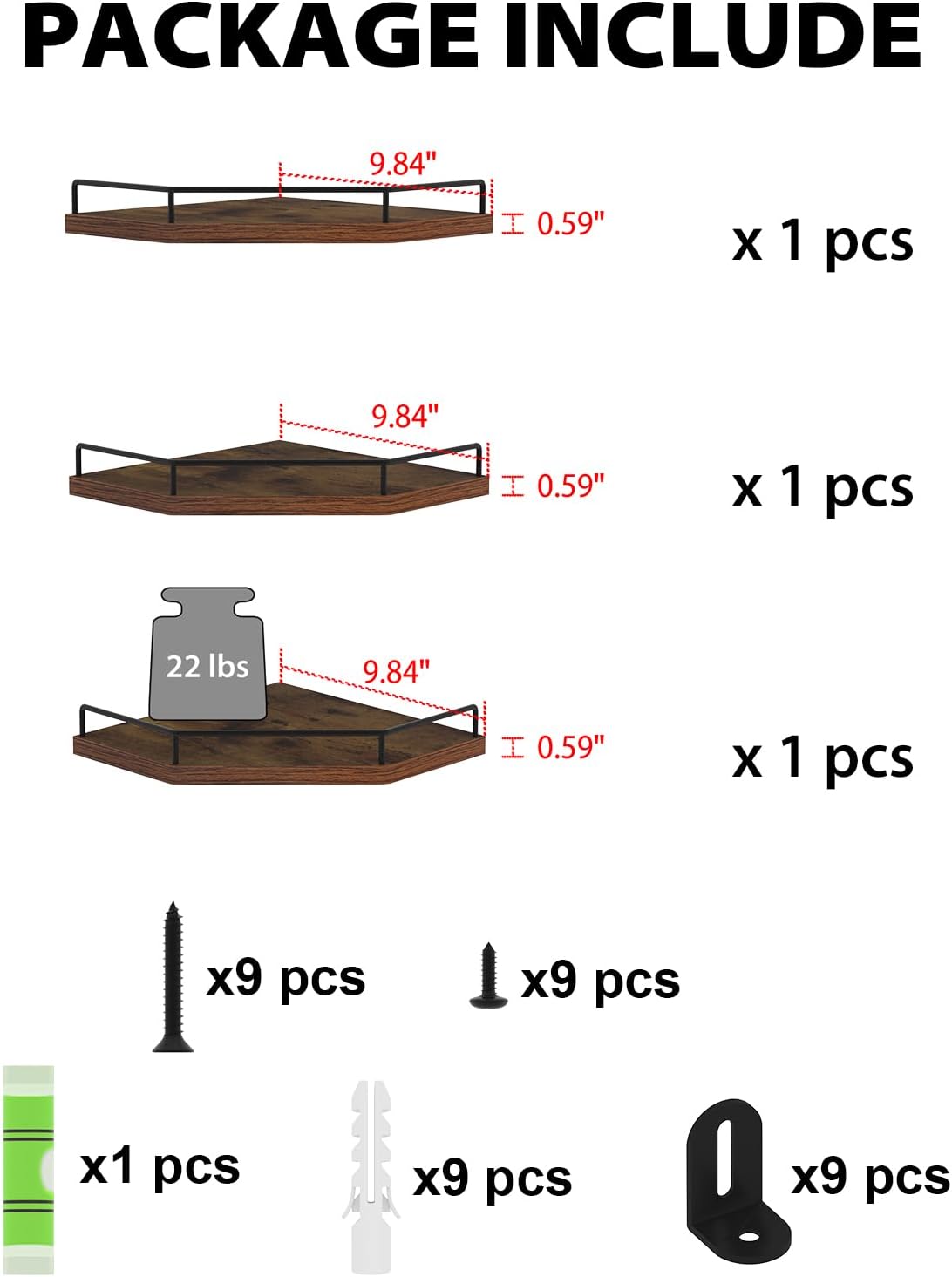 HORLIMER Floating Corner Shelf Wall Mount, 3 Pack Rustic Wood Corner Wall Shelves with Fence for Bedroom, Bathroom, Kitchen, Living Room, Brown