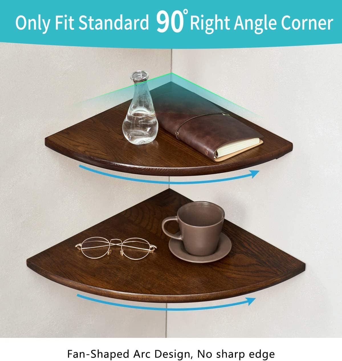 Corner Shelves, Floating Corner Shelf, Set of 2 7inch Solid Oak Wood Wall Shelves, Round End Wall Mount with Wire Hole Shelving for Small Plant for Bedroom Kitchen, Living Room