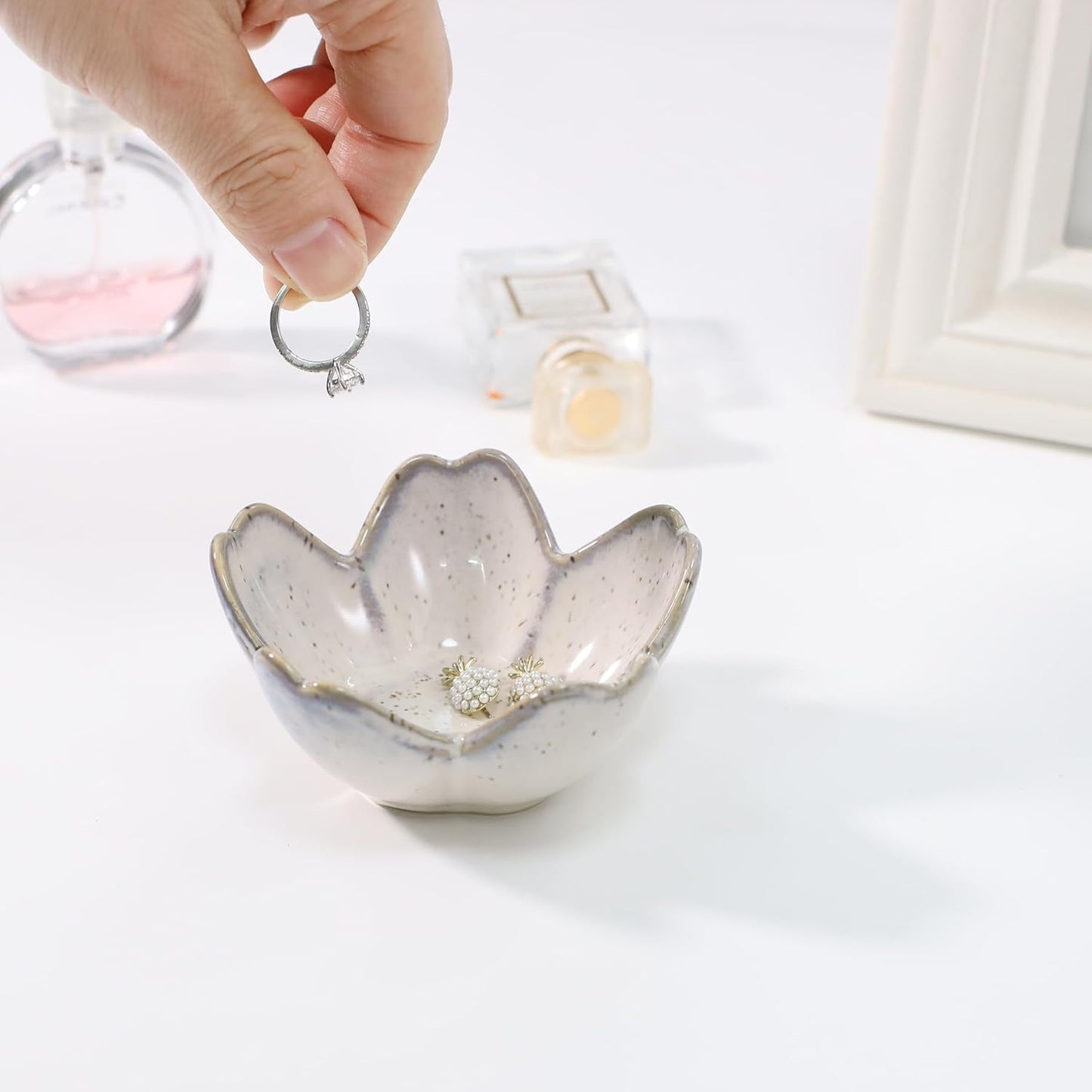 Pink Flower Ring Dish Holder,Jewelry Dish Tray,Small Trinket Tray,Jewelry Plate Bowl,Key Bowl,Decorative Plate,Mothers Day Birthday Gifts for Women Friends,Ceramic Kiln effect White