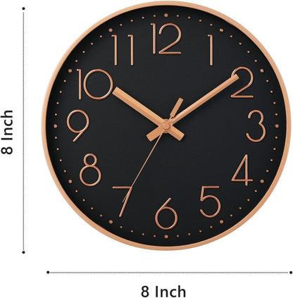 DAXSMY Wall Clock - 8 Inch Silent Non-Ticking Modern 3D Wall Clocks Battery Operated - Decorative Clock for Kitchen, Home Office, Bathroom, Bedroom(Rose Gold)