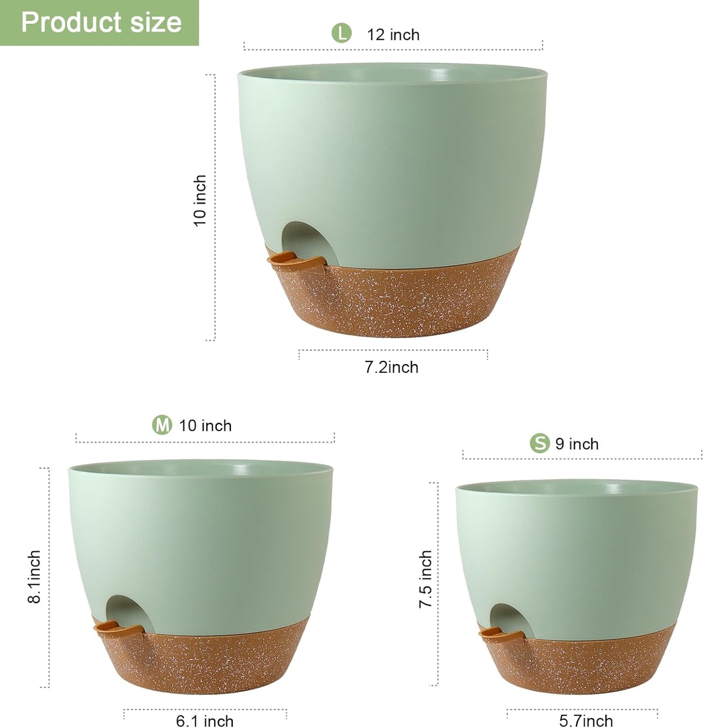 WSMKSZ 10/9/8 inch Self Watering Pots, Planter, Plant Pots with Mesh Drainage Holes for Indoor Outdoor Garden Plants, Plastic Flower Pots with Deep Reservoir for House Plants, Green with Brown