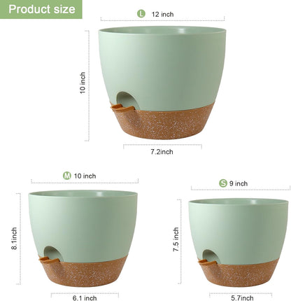 WSMKSZ 10/9/8 inch Self Watering Pots, Planter, Plant Pots with Mesh Drainage Holes for Indoor Outdoor Garden Plants, Plastic Flower Pots with Deep Reservoir for House Plants, Green with Brown