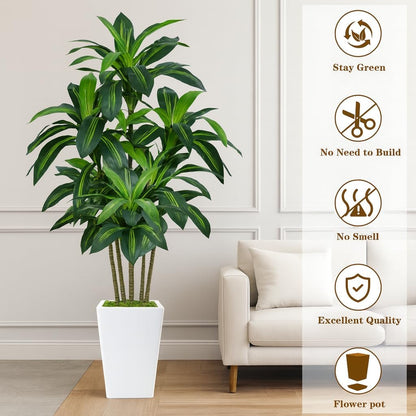 6FT Artificial Dracaena Tree, Fake Tree Indoor with White Tall Planter,Tall Artificial Plants Indoor,Artificial Silk Tree for Home Office Decor (White)