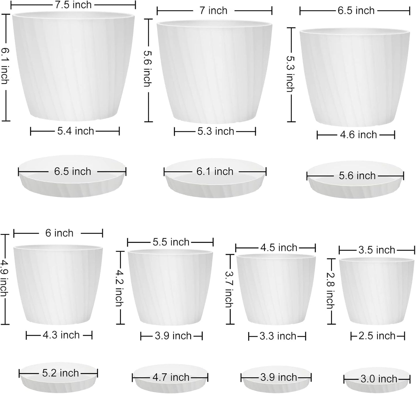 YNNICO Indoor Self Watering Planters with Drainage Holes and Saucers, 8, 7, 6.5, 6, 5.5, 5 Inches, Black, 6 Pots