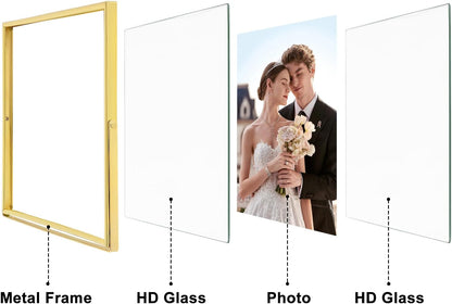 Qiannhee 8x10 Floating Frames Set of 2, Double Glass Desktop Picture Frames, Holds Multiple Photo Sizes, Photo Frame with Metal Stand