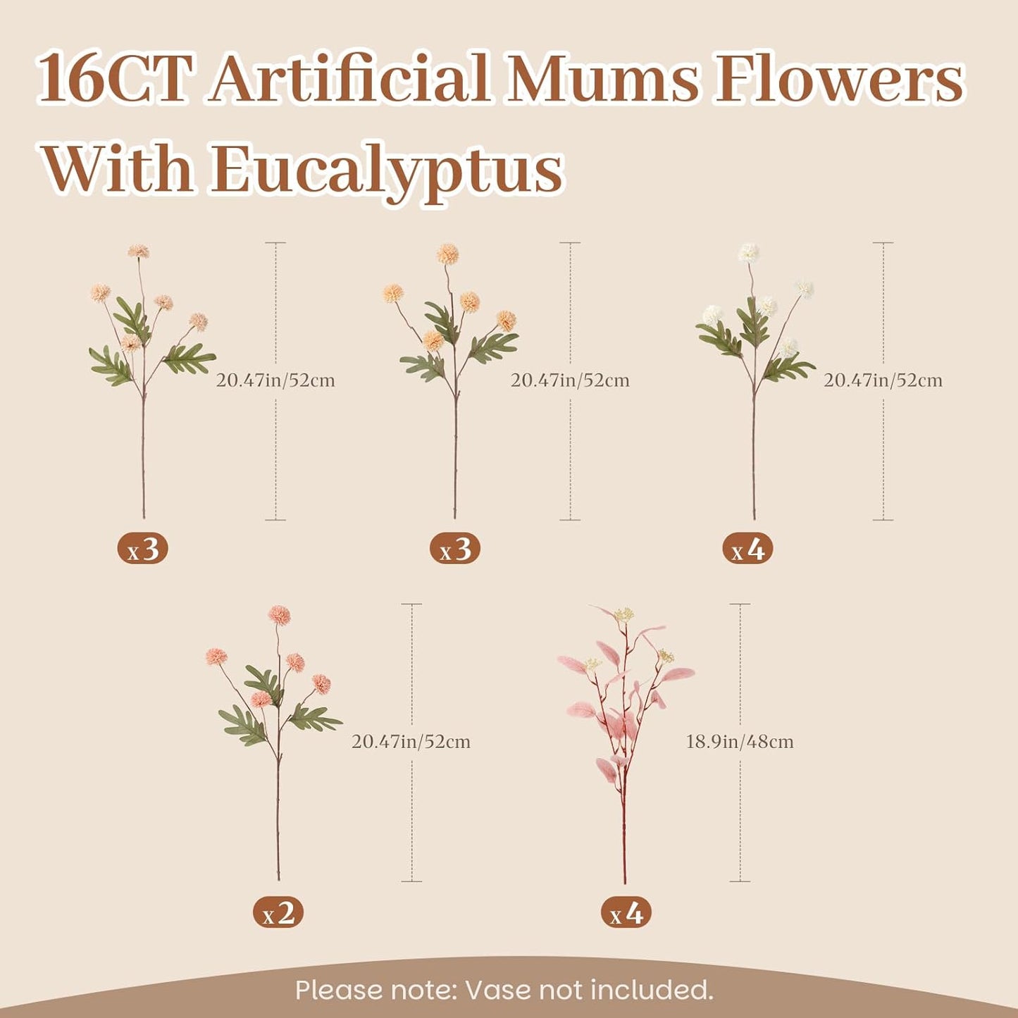 Alupssuc 16PCS Faux Silk Pompon Mums Artificial Flowers with Eucalyptus, Fake Chrysanthemum Floral for DIY Vase Arrangement, Long Stem Dining Table Centerpiece Home Decor, Beige