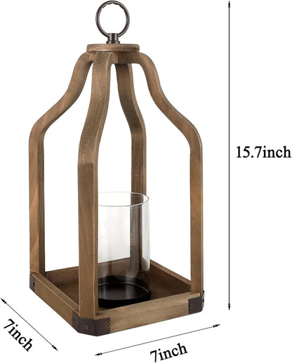 Rustic Wood Lantern Candle Holder for Farmhouse Decor - Indoor and Outdoor Table Centerpiece with Glass Hurricane, 13" High