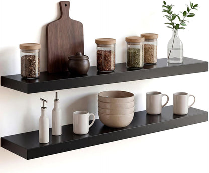 Homeforia 24 inch Natural Floating Shelf, High End Solid Real Wood 24inch Small Floating Shelves for Wall Mounted, Natural Wooden Floating Shelves, Heavy Duty Bracket, 24 X 6.5 X 1.75 in, Set of 2