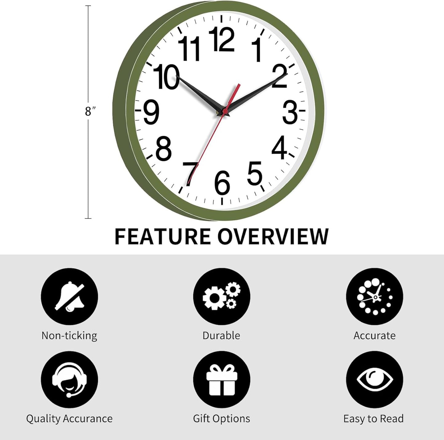 Rohioue Wall Clock Modern 8 Inch Battery Operated Silent Non Ticking Small Analog Clock for Living Room Office Home Bedroom Kitchen Bathroom(Black)