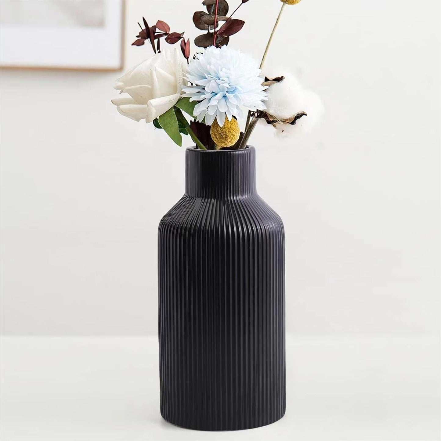 Bohemian White Ceramic Vase - for Pampas Grass, Mantel, Bookshelf, Entryway and Living Room Decor (White, 7in)