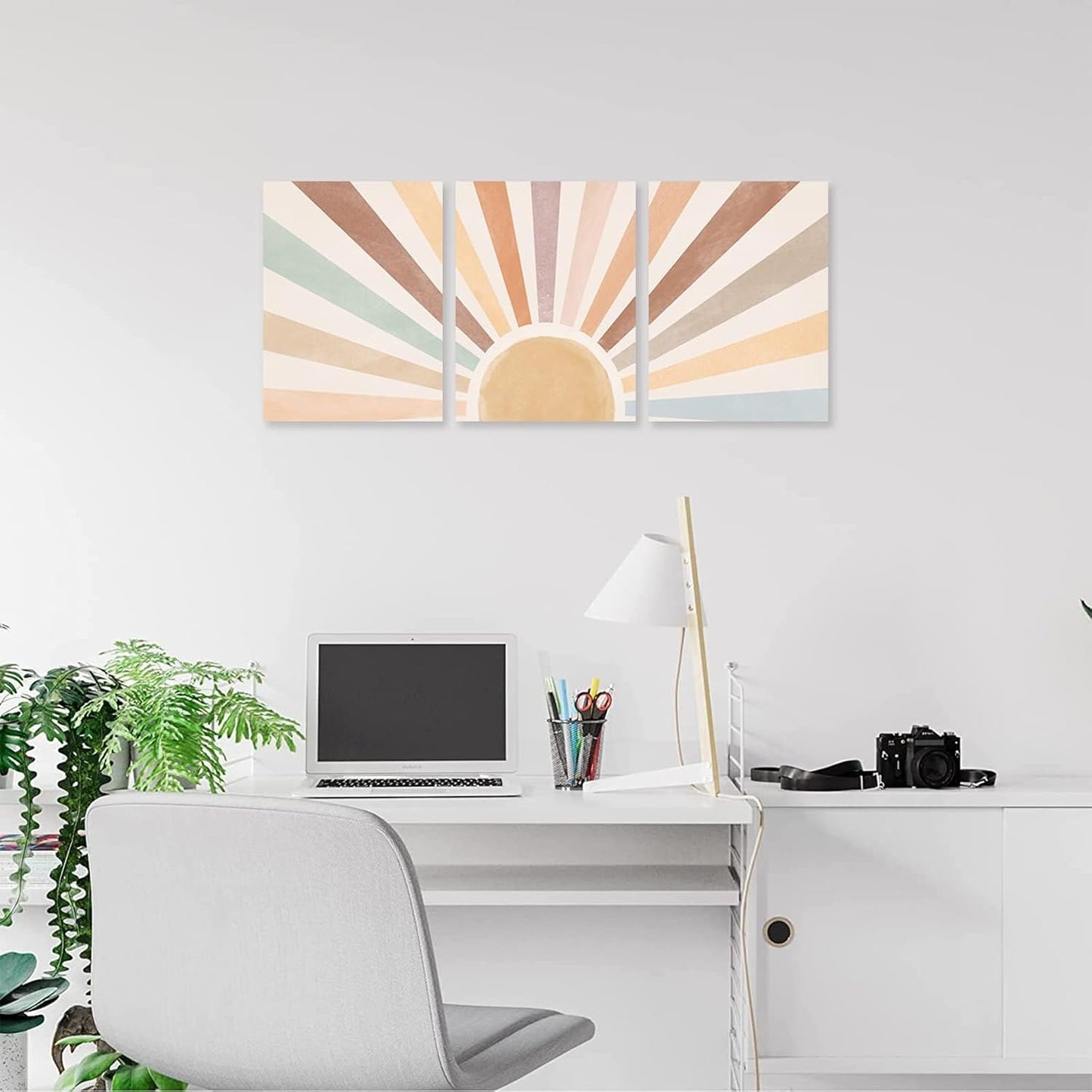 Sage Green Boho Wall Art Set of 3, Minimalist Framed Wall Art Geometric Line Leaf Sun Moon Beige Green Canvas Artwork Paintings, Abstract Botanical Boho Room Decor, Office, 12"x16"