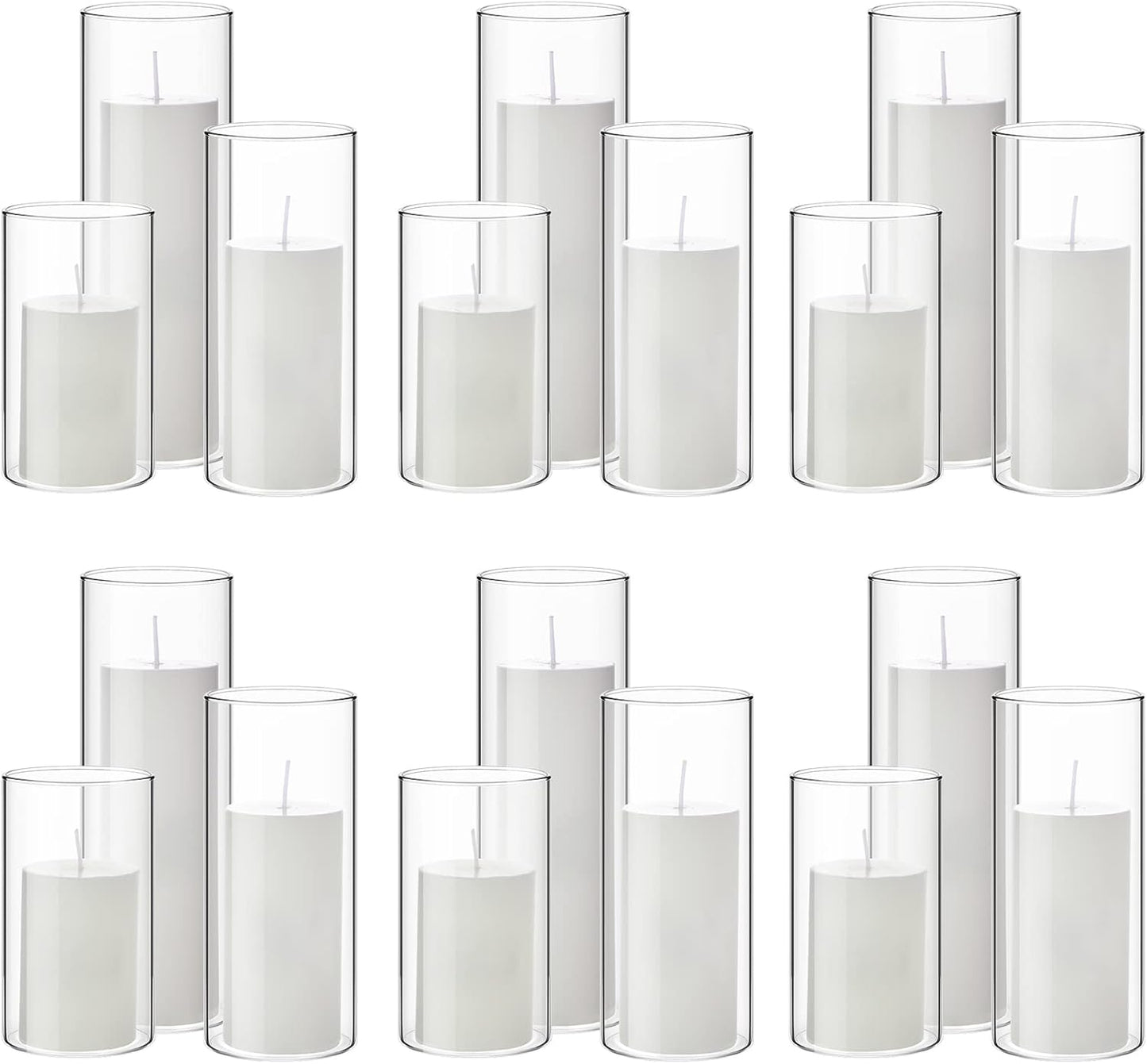 Shihanee 36 Pcs Pillar Candles and Glass Cylinder Vases Tall Cylinder Holders for Pillar Candles Wedding Centerpieces, Total 18 Sets(2.6'' X 4.7'', 5.9'', 7.9'',Clear,Ivory)