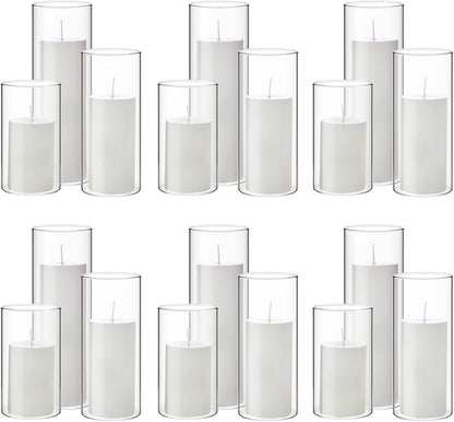 Shihanee 36 Pcs Pillar Candles and Glass Cylinder Vases Tall Cylinder Holders for Pillar Candles Wedding Centerpieces, Total 18 Sets(2.6'' X 4.7'', 5.9'', 7.9'',Clear,Ivory)