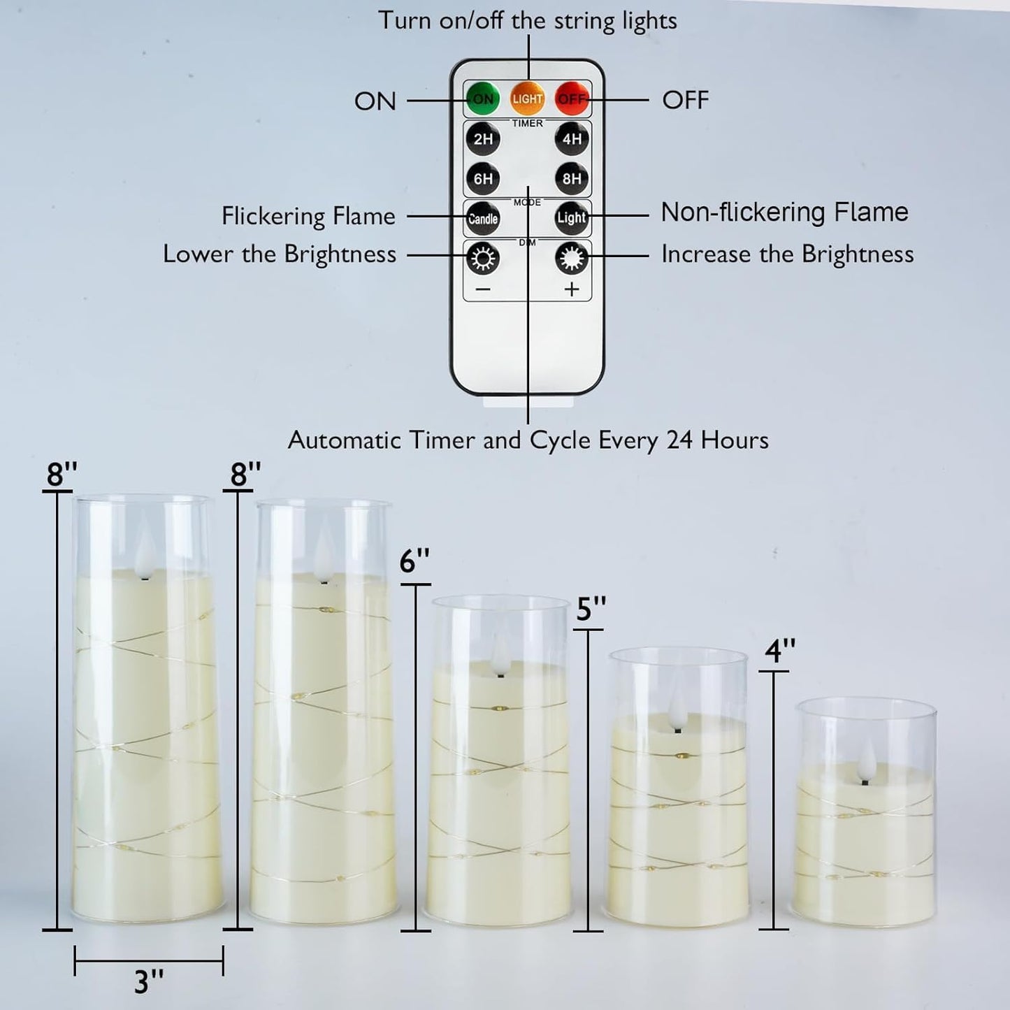 Homemory Flameless Candles with Embedded Star String Fairy Lights, Battery Operated Candles, LED Candle, Fake Candles with Remote Control and Timer for Halloween, Gray Acrylic, Set of 5(H4"5"6"8"8")