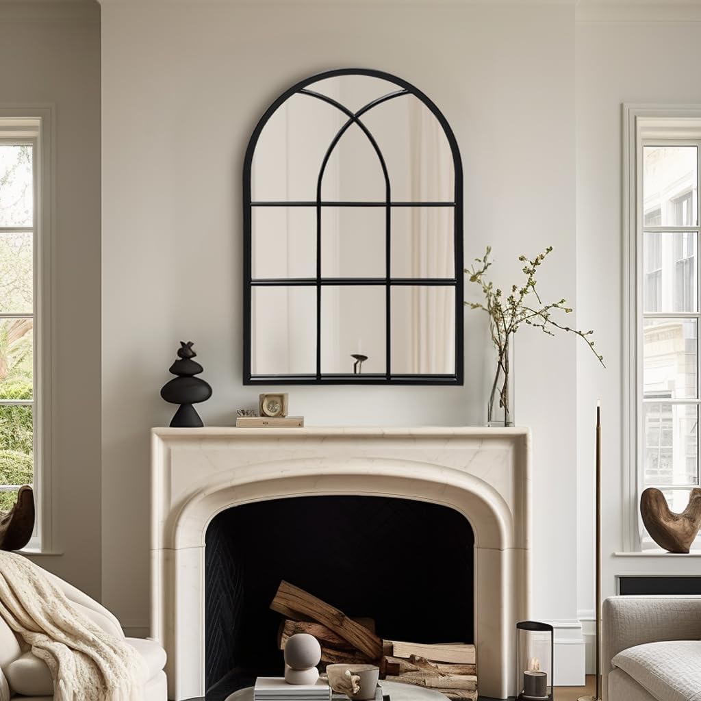 Dewfig 65"x 22" Arched Window pane Full Length Mirror, Wall Mirror, Floor Standing Mirrors, Farmhouse Long Full Body Mirrors Wall Mounted for Living Room, Bedroom, Entryway, Fireplace, Black