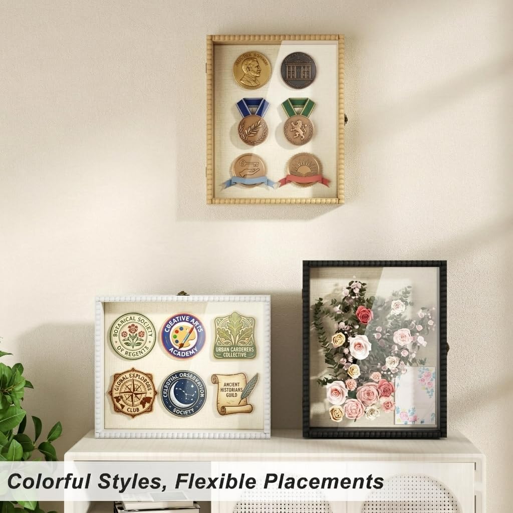 Love-KANKEI Shadow Box Frame 11x14, Deep Large Shadow Box Display Case with Unique Beads Door and Glass Window, Wood Memory Box for Pictures,Medals,Memorabilia,Collections White