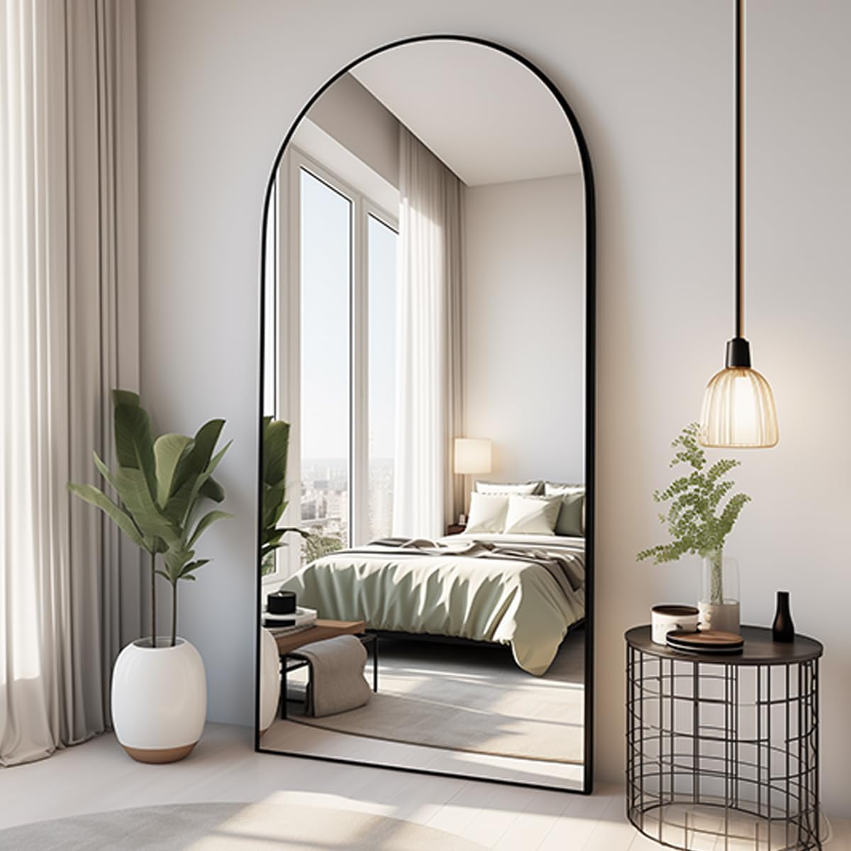Dewfig Arched Full Length Mirror, 76"x34" Large Floor Mirror, Full Body Mirrors for Leaning or Hanging, Standing Mirrors for Bedroom, Living Room,Dressing Room, Aluminum Alloy Frame, Black