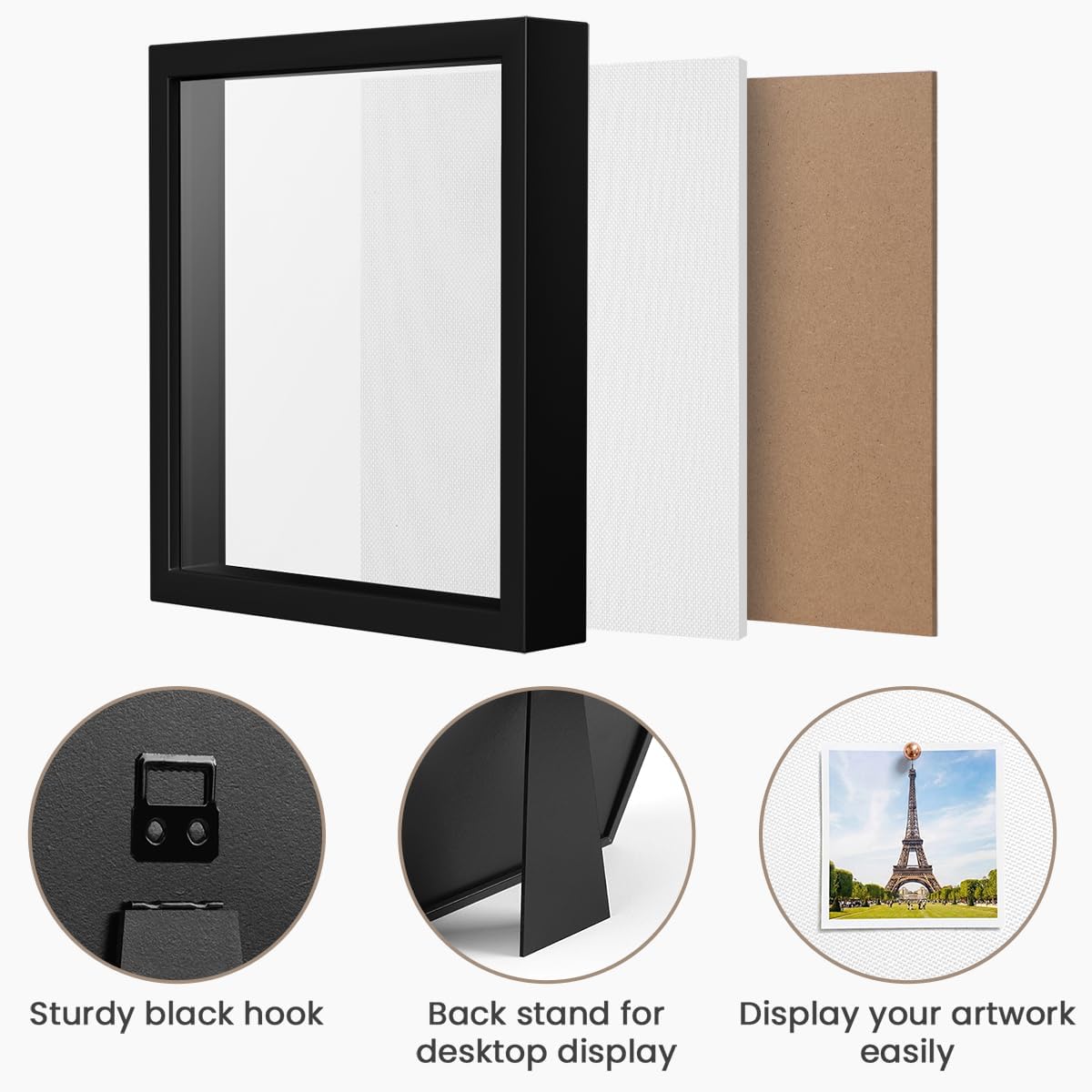8x10 Shadow Box Frame | Soft Linen Back & Push Pins Included, Polystyrene Glass Memory Display Case for Flowers, Tickets & Cherished 3D Items, Black