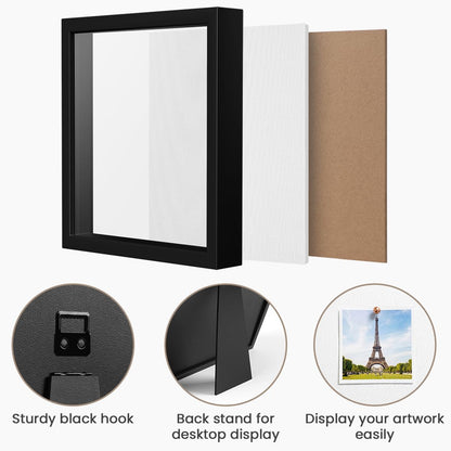 8x10 Shadow Box Frame | Soft Linen Back & Push Pins Included, Polystyrene Glass Memory Display Case for Flowers, Tickets & Cherished 3D Items, Black