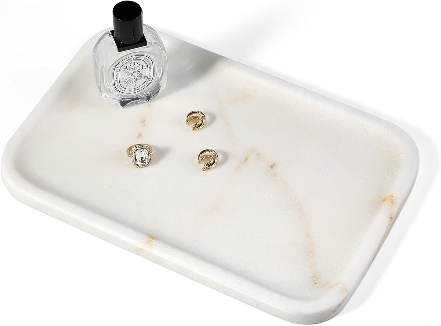 Koville Romano Travertine Tray, 12"x8" Natural Stone Vanity Tray for Countertop Bathroom Kitchen Dresser, Decorative Marble Catchall Trays for Perfume Jewelry, Rectangular Serving Tray(Beige)