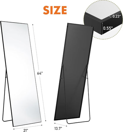 DUMOS Full Length Mirror 64"x21" Full Body Floor Mirror for Bedroom or Cloakroom, Can Stand Alone, Hang or Lean Against Wall, Tall Wall Mirror with Stand, Black