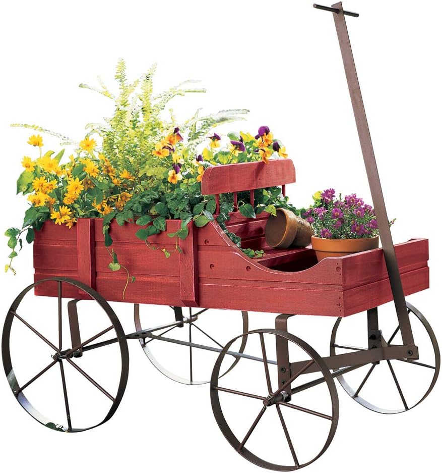 Collections Etc Amish Wagon Decorative Indoor/Outdoor Garden Backyard Planter, Red