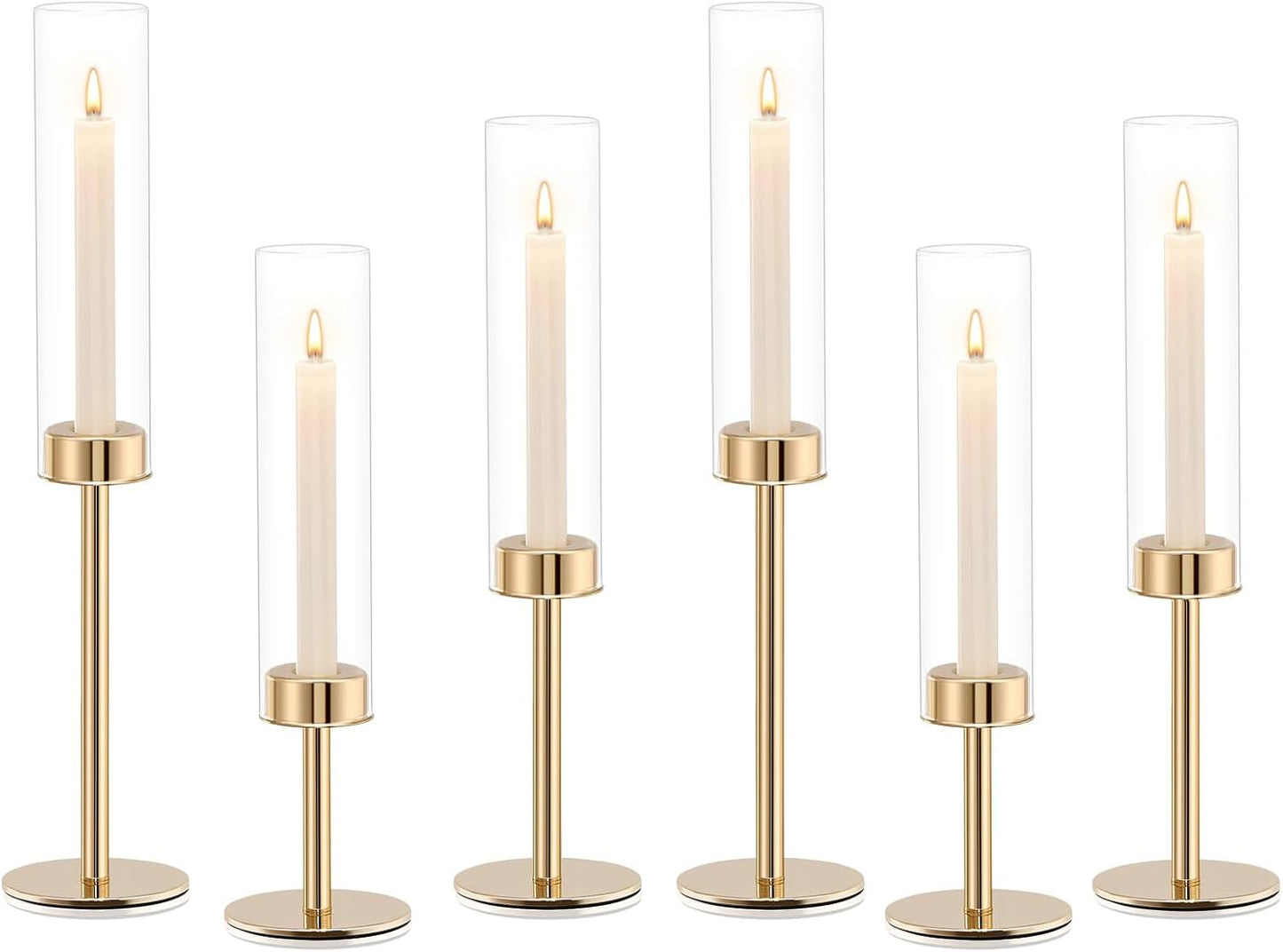 Gold Hurricane Candle Holders Set of 6, Tall Metal Windproof Glass Taper Candle Holder for Candlestick, Candle Sticks Decor, Table Centerpieces for Wedding, Candlelit Dinner Party Fireplace Decoration