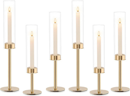 Gold Hurricane Candle Holders Set of 6, Tall Metal Windproof Glass Taper Candle Holder for Candlestick, Candle Sticks Decor, Table Centerpieces for Wedding, Candlelit Dinner Party Fireplace Decoration