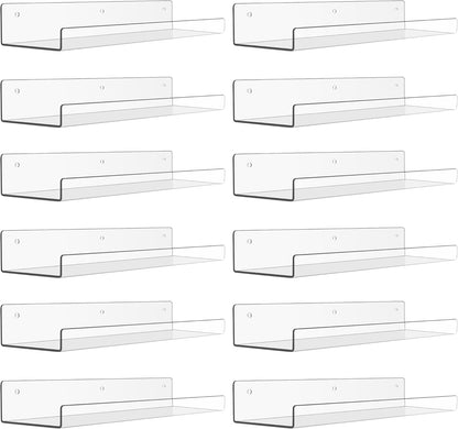 upsimples Acrylic Shelves for Bathroom Storage, 15" Floating Shelves Wall Organizer for Perfume, Make up, Skincare, Kids Bookshelf for Bedroom, Nursery, Living Room Decor, Clear, 4 Pack