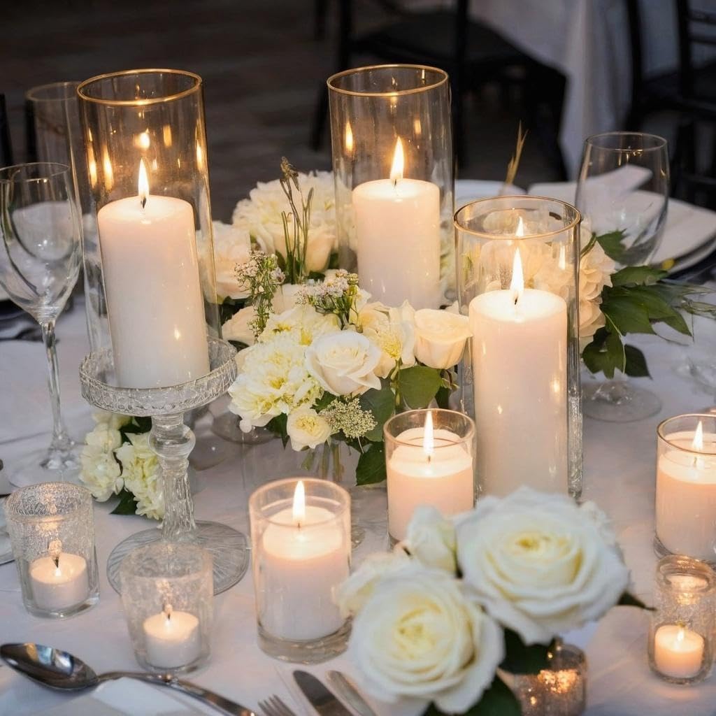 24 Pcs White Pillar Candles and Glass Candle Holders Cylinder Candle Vases for Pillar Candles Hurricane Candle Holders Set for Wedding Party, Event, Home Office Decor
