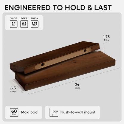 Homeforia 24 inch Natural Floating Shelf, High End Solid Real Wood 24inch Small Floating Shelves for Wall Mounted, Natural Wooden Floating Shelves, Heavy Duty Bracket, 24 X 6.5 X 1.75 in, Set of 2