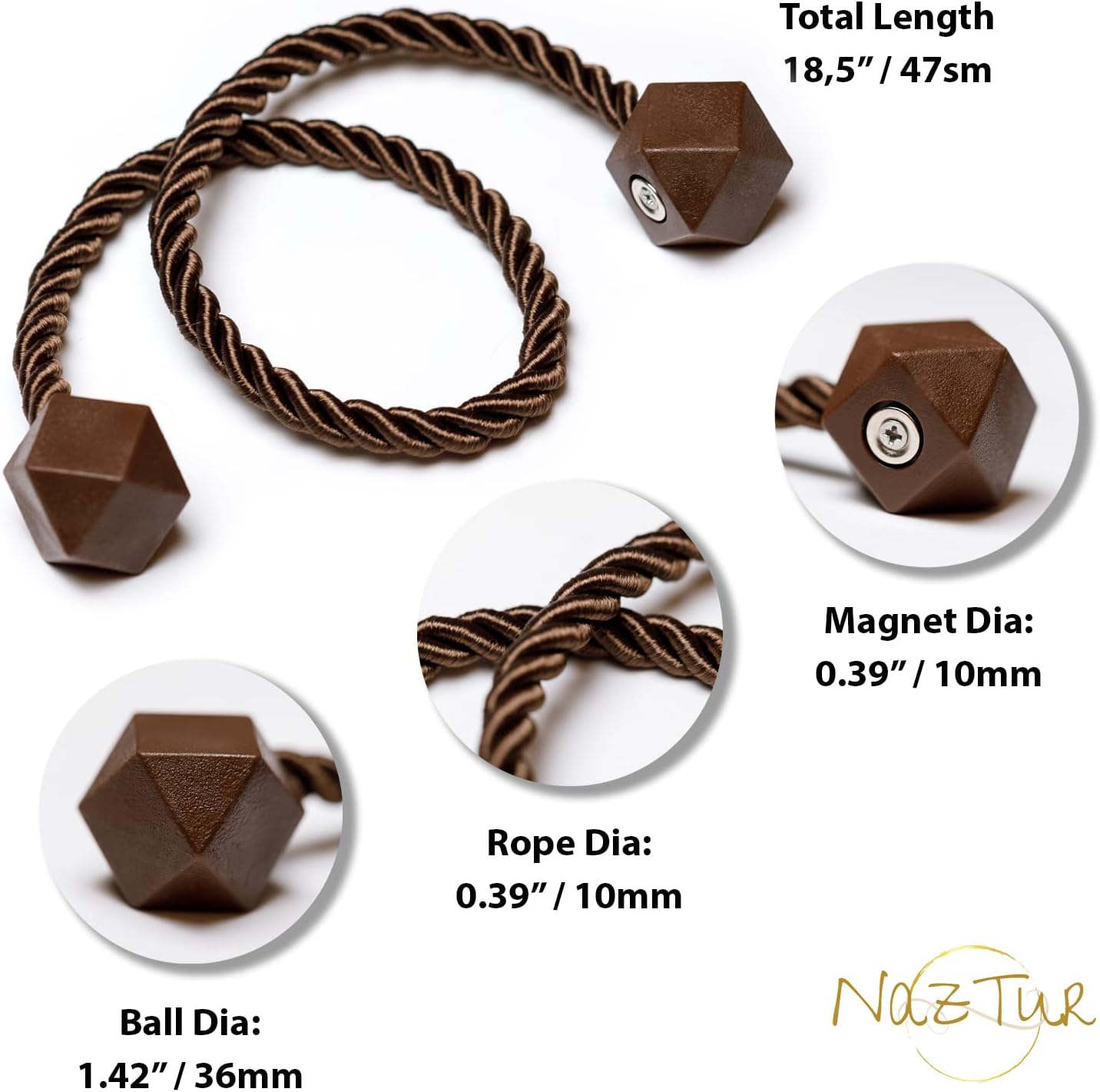 NazTur Magnetic Curtain Tiebacks- Upgrade 2022 with a Thicker Twist Rope & Strong Magnet Tieback Window Treatment Holdbacks Draperies Holders Decorative Drape Handmade Tie Back (Black, 2)