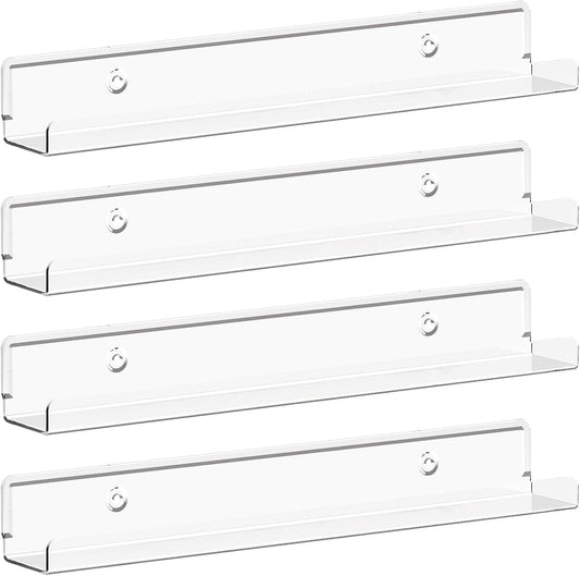 Lifewit Narrow Floating Shelves for Vinyl Record 6 Pack, 12" Clear Wall Shelves for Nail Polish/Book/Picture/Makeup, Acrylic Wall Display Shelf Organizer for Bedroom, Living Room, Bathroom Decor