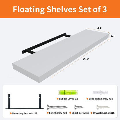 Upassion White Floating Shelves - Set of 3, 16" Wall Mounted Shelves for Home Decor, Living Room, Bedroom, Bathroom, Kitchen