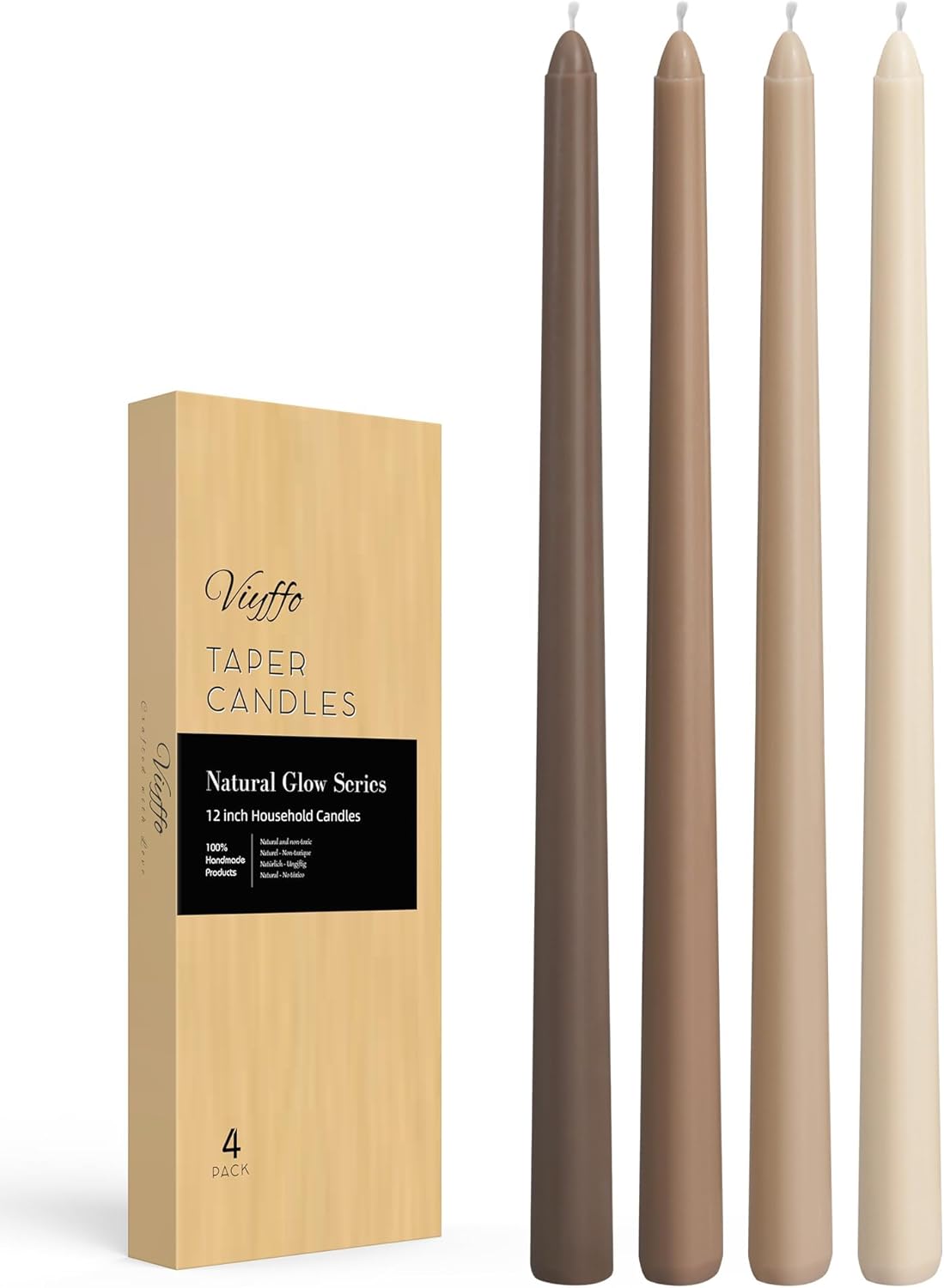Viyffo Taper Candles, 12 Inch, 12 Pack, Brown – Unscented, Smokeless Design, Up to 8-Hour Burn – Tall Candlesticks for Table Decor, Weddings & Dinners