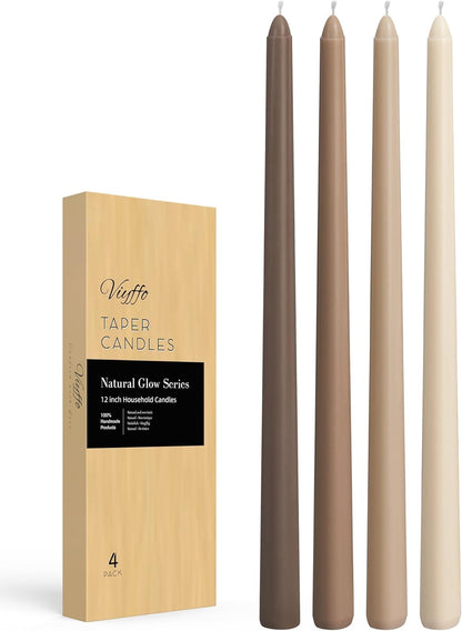 Viyffo Taper Candles, 12 Inch, 12 Pack, Brown – Unscented, Smokeless Design, Up to 8-Hour Burn – Tall Candlesticks for Table Decor, Weddings & Dinners