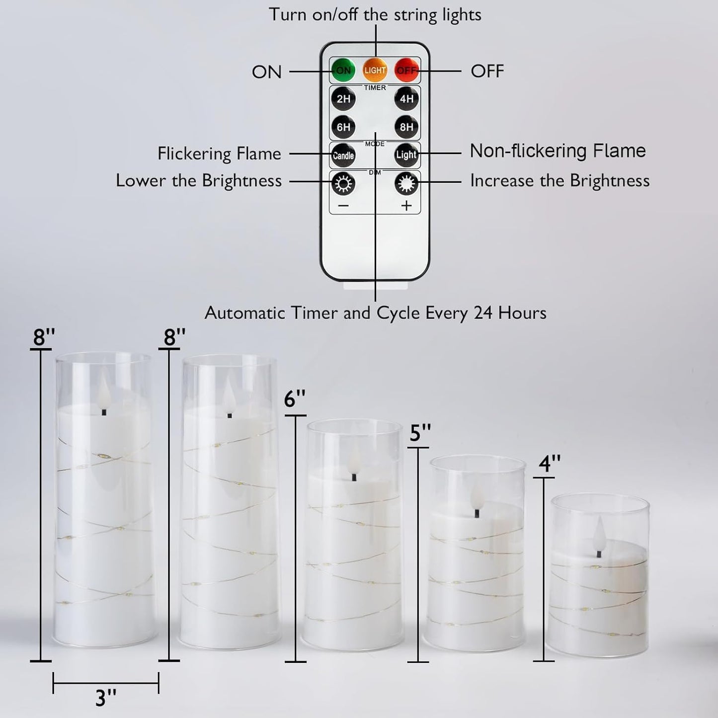 Homemory Flameless Candles with Embedded Star String Fairy Lights, Battery Operated Candles, LED Candle, Fake Candles with Remote Control and Timer for Halloween, Gray Acrylic, Set of 5(H4"5"6"8"8")