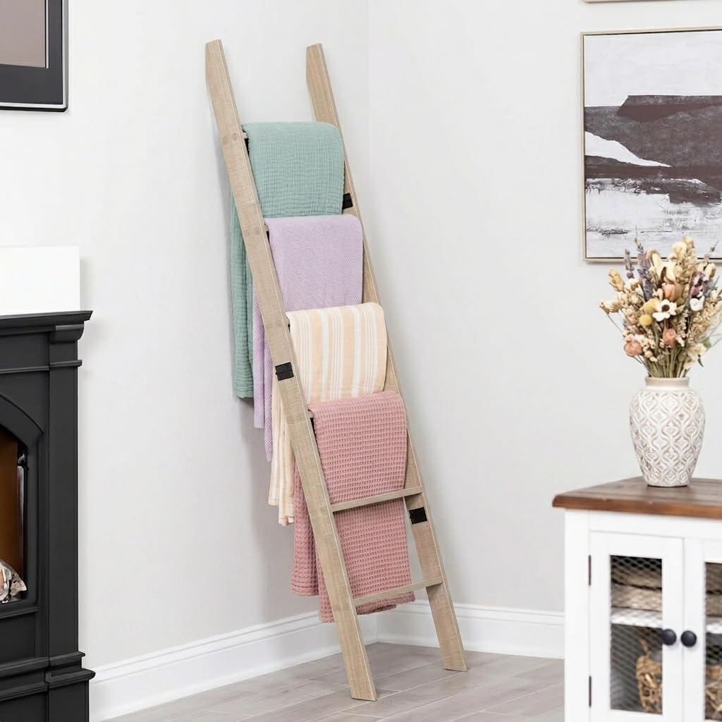 Blanket Ladder for Living Room and Bedroom, 5ft 8 inch, 6-Tier Wall Leaning Laminate Snag Free Construction (White) Rustic Decorative Farmhouse Blanket Storage, Quilt Rack, Ladder Shelf, Easy Assembly