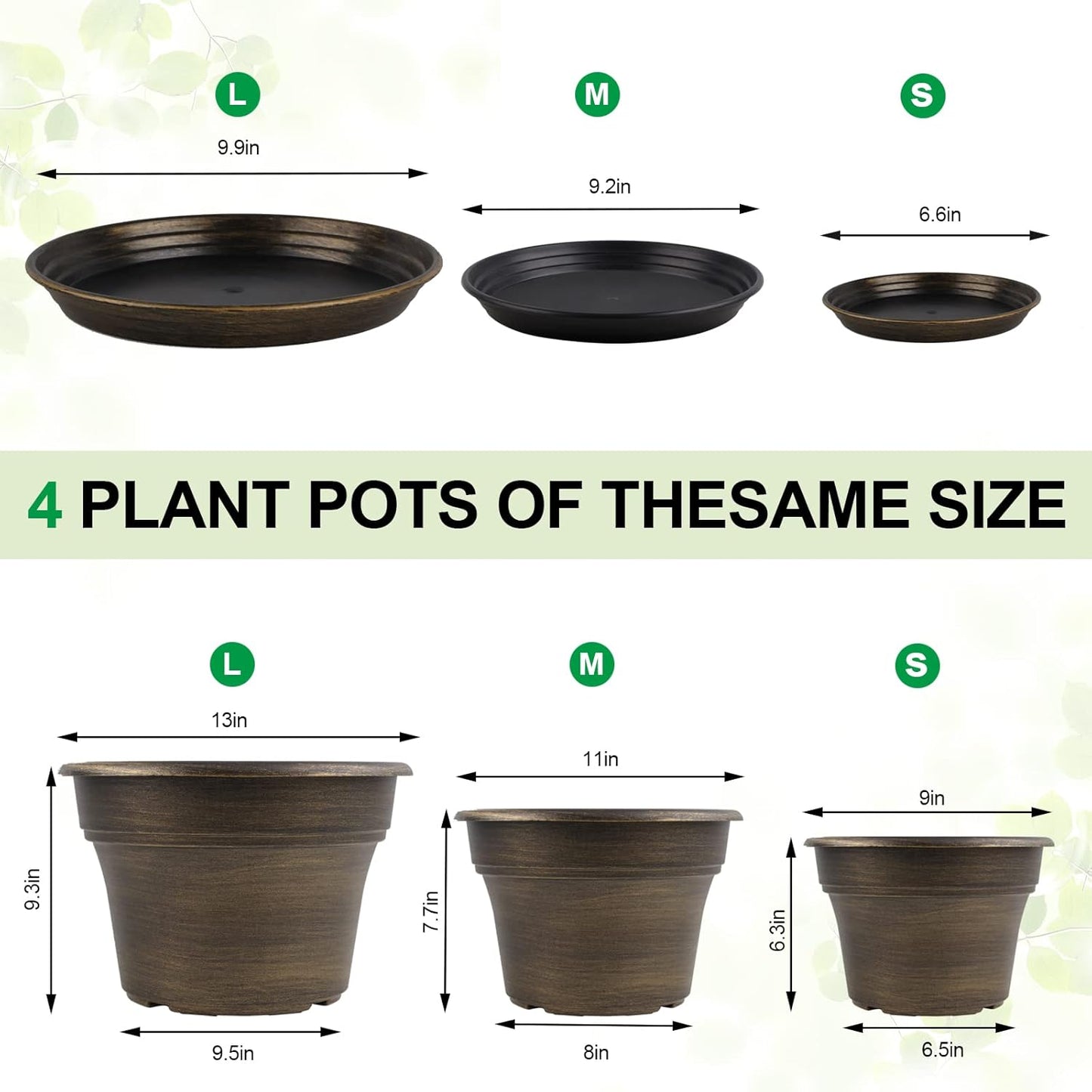 Fodetyff 10 Inch Planters Plant Pots Indoor Outdoor, 4 Pack Plastic Flower Pot for Indoor Plants with Drainage Holes & Trays, Resin Decorative Container Sets with Saucer for House Garden Copper
